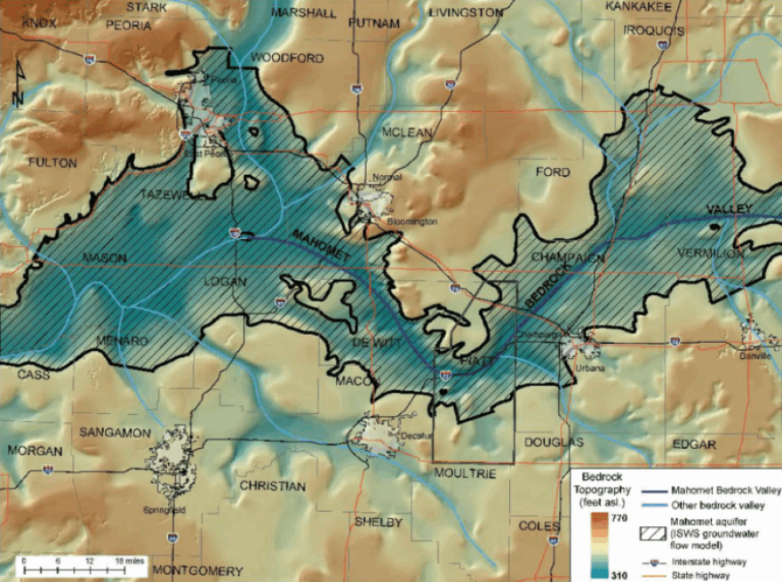 A map of east-central Illinois shows the boundary of the Mahomet Bedrock Valley.