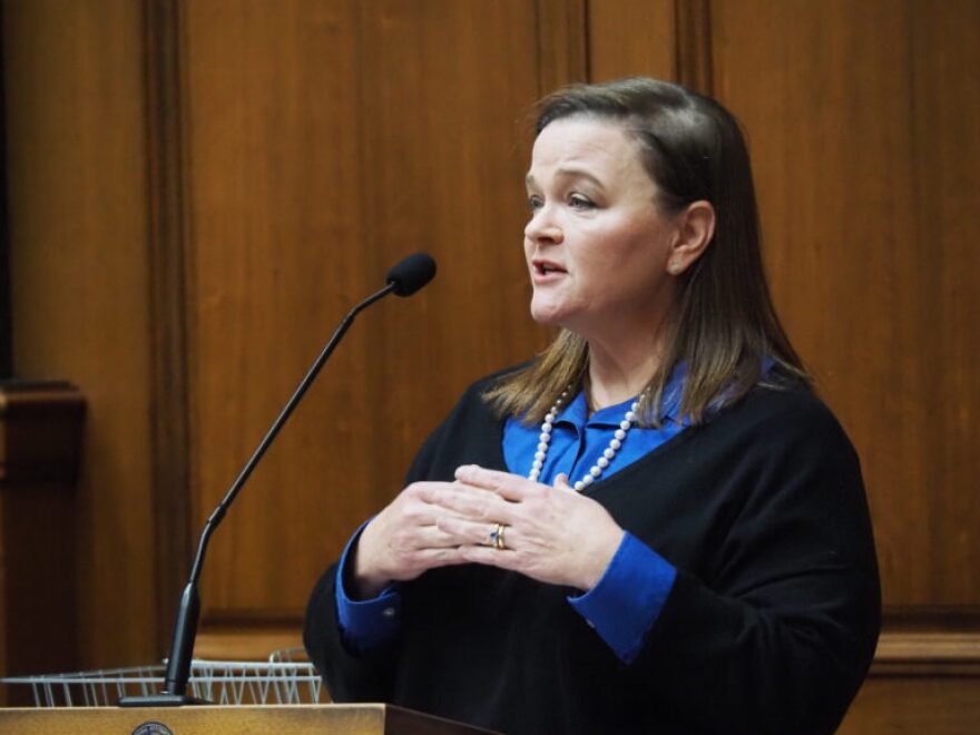 Marion County Clerk Kate Sweeney Bell testifies against mid-census redistricting, predicting it’ll sow chaos for election administrators, during a House committee hearing on Tuesday, Dec. 2, 2025.