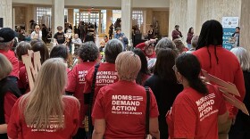 Members of Moms Demand Action watch as their group rallies in the New Mexico Capitol Rotunda, Feb. 6, 2025.