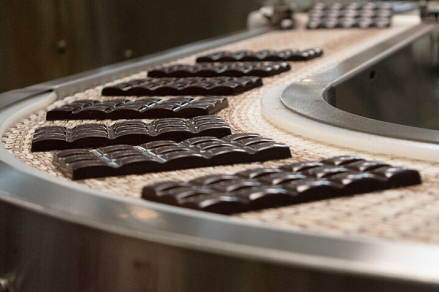 The Endangered Species Chocolate factory in Indianapolis is where the fair trade chocolate is crafted into the company's signature bars. They mix in the desired ingredients, re-temper the chocolate and mold it into bars.