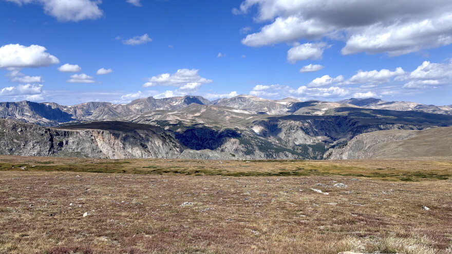 Rocky peaks and treeless alpine tundra stretch across the Beartooth Plateau beneath a bright blue sky.