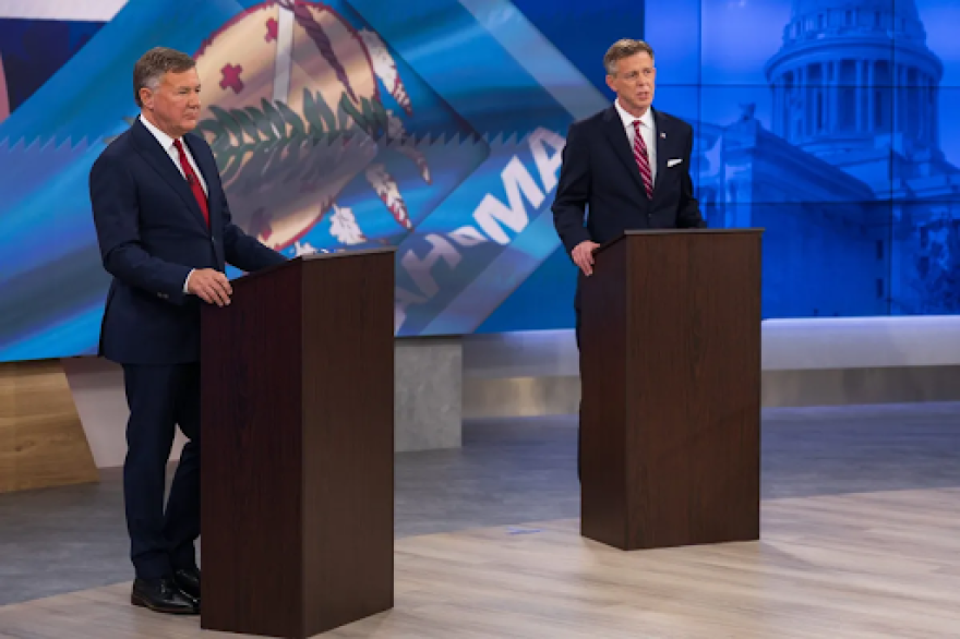 Gubernatorial hopefuls Mike Mazzei and Gentner Drummond debate at the News on 6 studio in Tulsa on Monday, August 3, 2026.