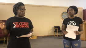 Tifanny Burks and Chanice Lee, activists with Black Lives Matter Alliance of Broward, lead a community forum at the Unitarian Universalist Church of Fort Lauderdale in Oakland Park on Monday night.