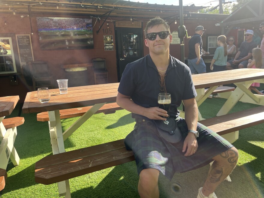 Daniel Steven wears a dark blue kilt at Matthews Social House to support Scotland.