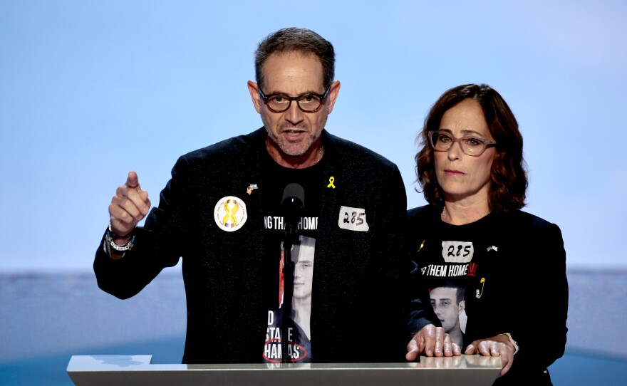 Orna and Ronen Neutra, parents of Omer Neutra who was taken hostage by Hamas during the militant group's Oct. 7 attack on Israel, speak during the Republican National Convention (RNC) at the Fiserv Forum in Milwaukee, Wisconsin, US, on Wednesday, July 17, 2024. T