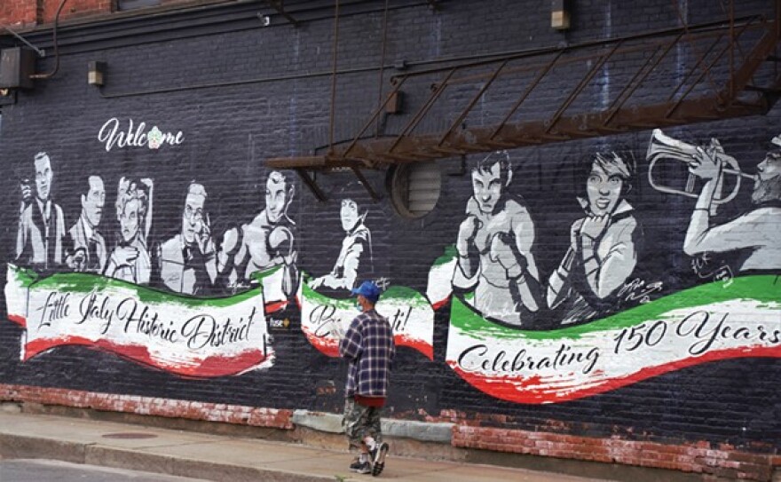 The Little Italy mural on the Flatiron Building contains Italian-American, and not-so-Rochesterian, icons like Liza Minelli, Rocky Marciano, and Frank Sinatra.