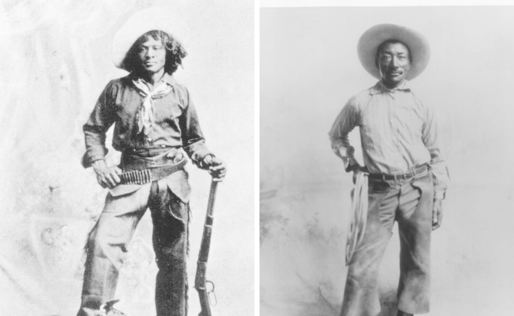 Composite côte à côte de deux hommes noirs vêtus de chapeaux de cow-boy, de chaps et de bottes.