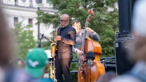 Jaleel Shaw on alto saxophone and Alex Claffy on bass at A Love Park Supreme.