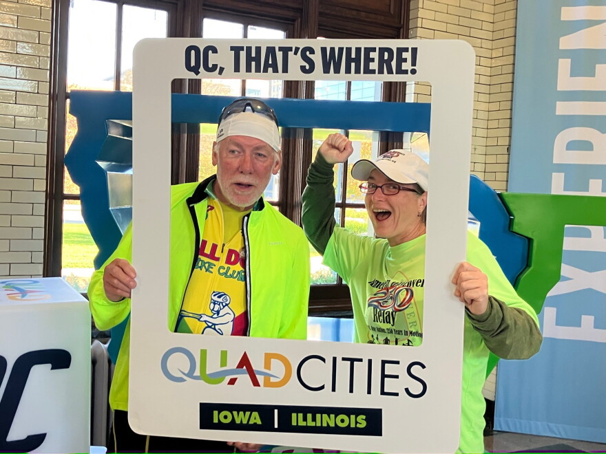 Dixon Novy of DeWitt and Sara Heitman of southern California celebrate the America Discovery 250 Relay at Davenport's Union Station Wednesday, Oct. 7, 2026.