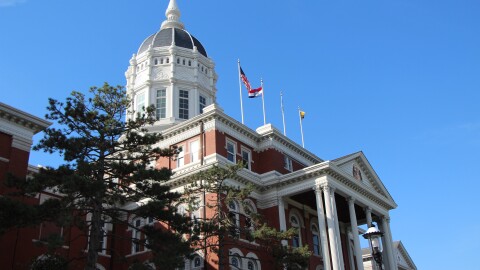 A medium shot of Jesse Hall from the sidewalk in front of the building