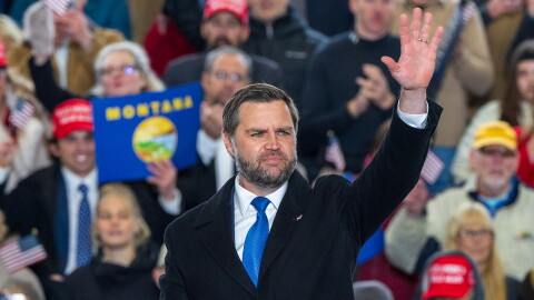 Vice President JD Vance says goodbye to the crowd at his rally in support of Montana's Republican congressional candidates ahead of the midterm elections in an airport hangar in Belgrade, Mont., on October 26, 2026.