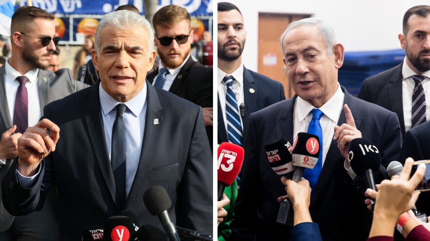 Left: Israeli Prime Minister Yair Lapid addresses the media outside a polling station in Tel Aviv on Tuesday. Right: Former Prime Minister Benjamin Netanyahu speaks to the press after casting his vote in Jerusalem on Tuesday.