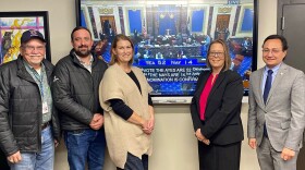 Former Cherokee Nation Attorney General Sara Hill (second from right) stands with leaders of the Cherokee Nation. Hill gathered with Cherokee leaders to watch and celebrate her nomination.