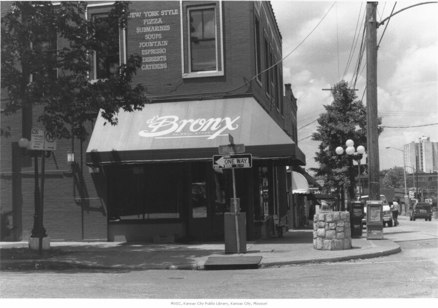 Street level view of the southwest corner intersection of 39th Street and Bell in Kansas City, Missouri. The d'Bronx restaurant circa 1999