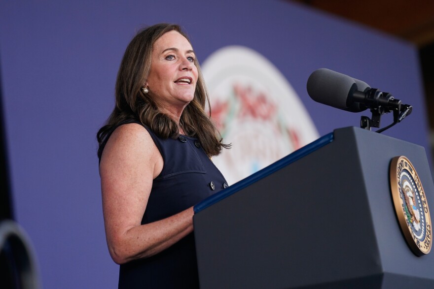 Dorothy McAuliffe speaks during a campaign event for her husband Virginia democratic gubernatorial candidate Terry McAuliffe at Lubber Run Park, July 23, 2021, in Arlington, Va.