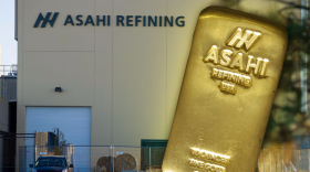 An Asahi Refining building with a gold Asahi bar overlaid on the right side. 