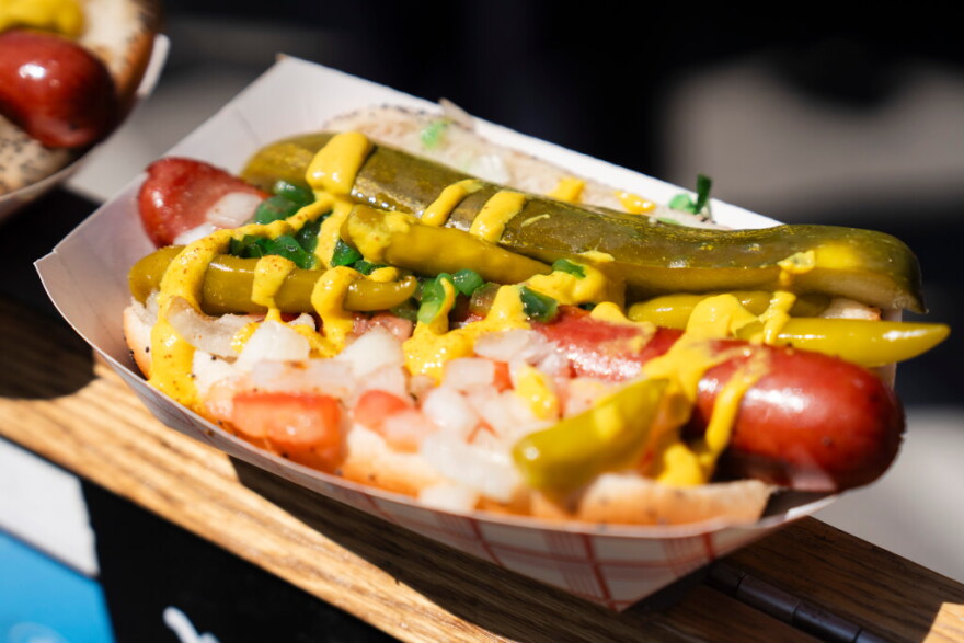 A Chicago-style hot dog sold at Lola’s Coney Island during the Windy City Hot Dog Fest in Portage Park in 2025.