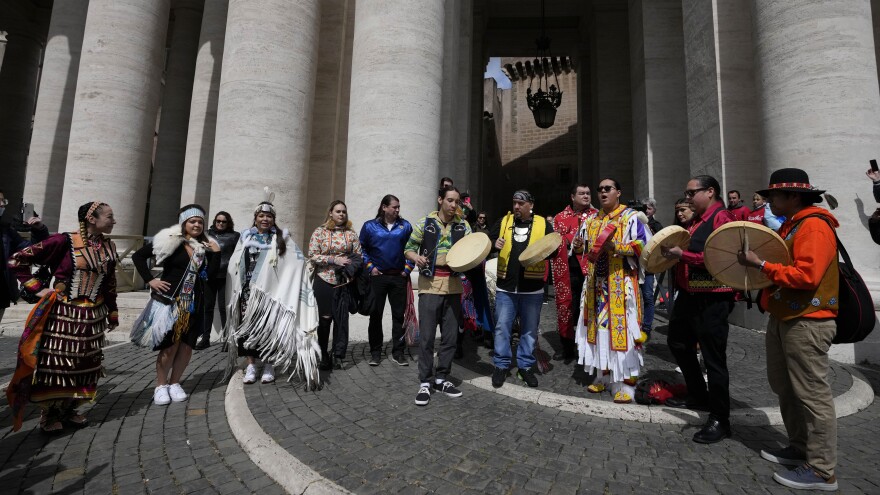 Indigenous artists from across Canada perform in St.Peter's Square, at the Vatican, on Friday after Pope Francis apologized for the Catholic Church's actions in Canadian residential schools.