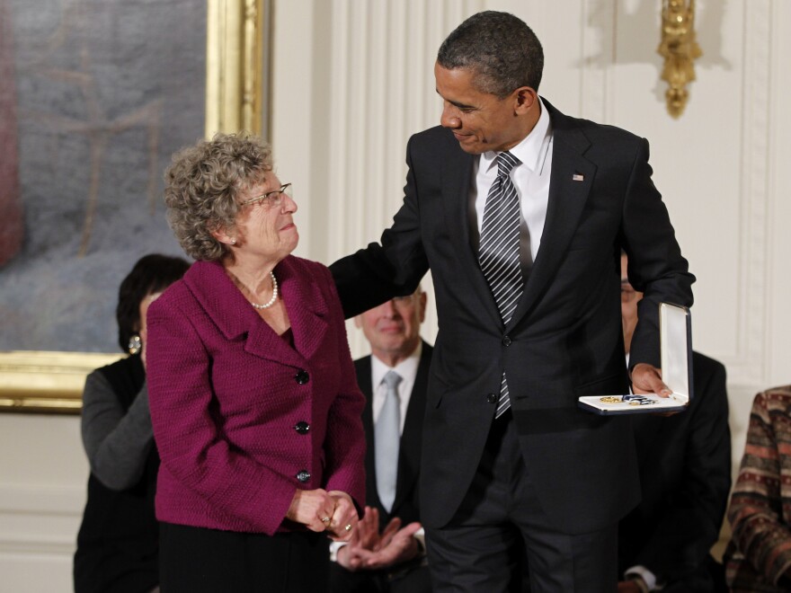 President Obama awards the 2011 Presidential Citizens Medal to Judith Broder during a ceremony at the White House. Broder created The Soldiers Project which meets mental needs of servicemembers and their families.