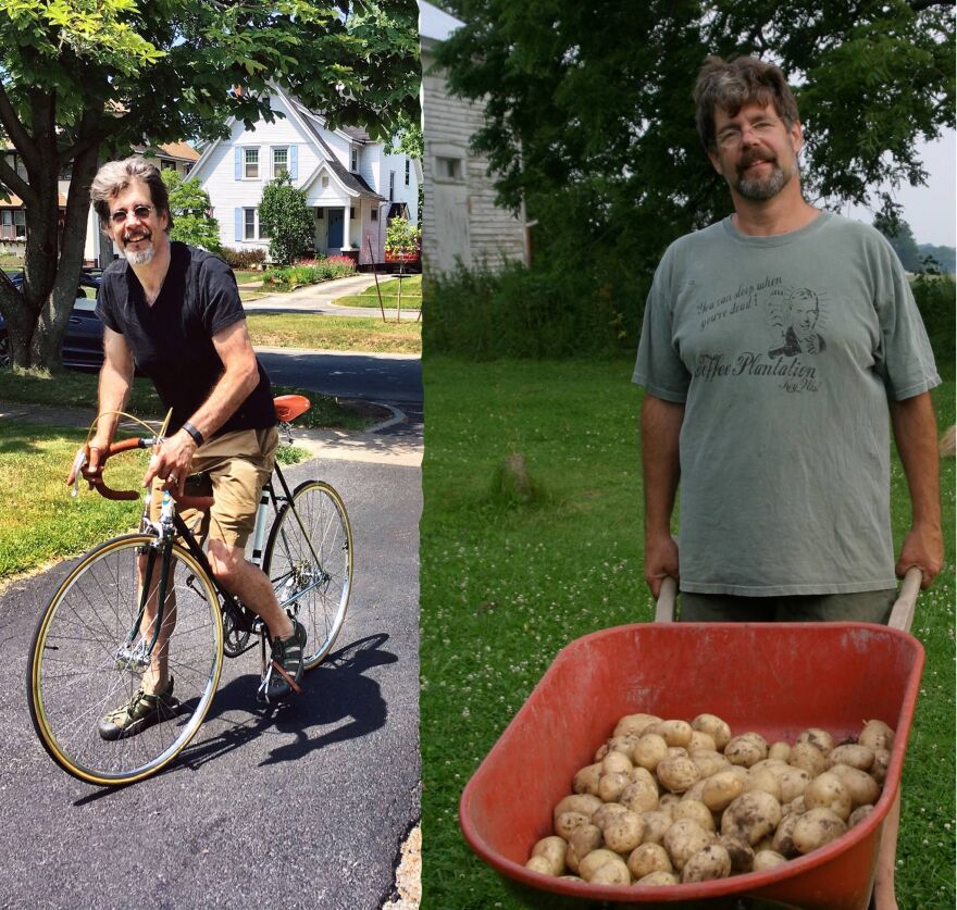 Doug Schmidt in 2016 (left), and (right) before his 2008 heart attack.