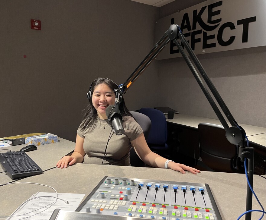 Lake Effect producer Mallory Cheng in the Lake Effect studio.