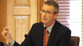Kansas budget director Adam Proffitt is a nonvoting member of the state’s Education Funding Task Force. He appears here at a press conference on April 20, 2026, at the Statehouse.