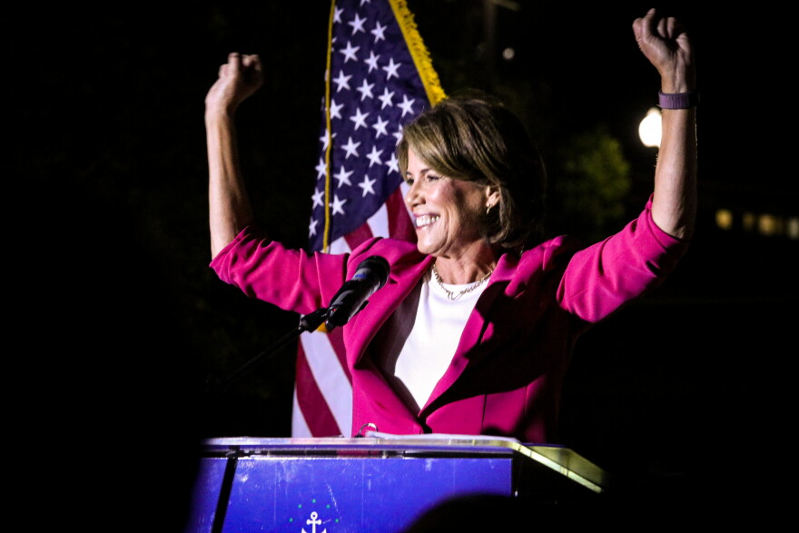 Helena Foulkes delivers her victory speech in Providence on Wednesday, Sept. 9, 2026, after defeating Gov. Dan McKee in Rhode Island’s Democratic gubernatorial primary. Credit: Gabriel Valadares/Ocean State Media