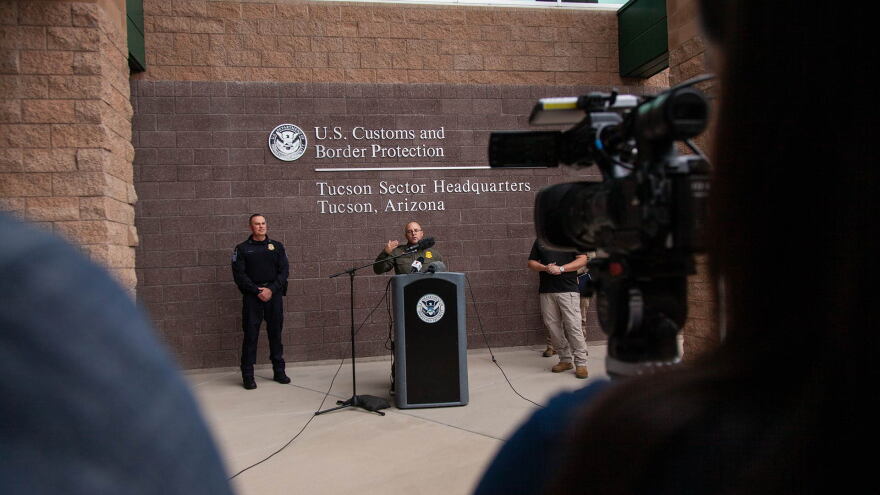 Stephen Cristinzio, acting deputy chief patrol agent for Border Patrol's Tucson sector, answers questions during a news conference Wednesday, Oct. 21, 2026.