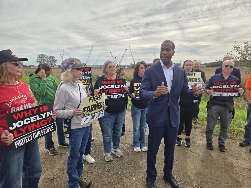 Republican gubernatorial candidate John James speaks outside the site of a planned data center in Saline Township on October 2, 2026.