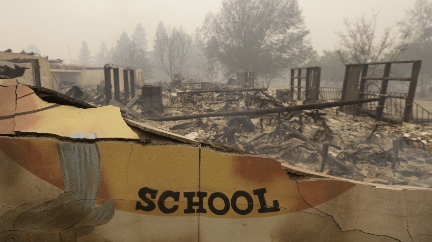 The burned remains of Paradise Elementary School is seen Friday, in Paradise, Calif. Authorities say a wildfire has all but destroyed the Northern California town.