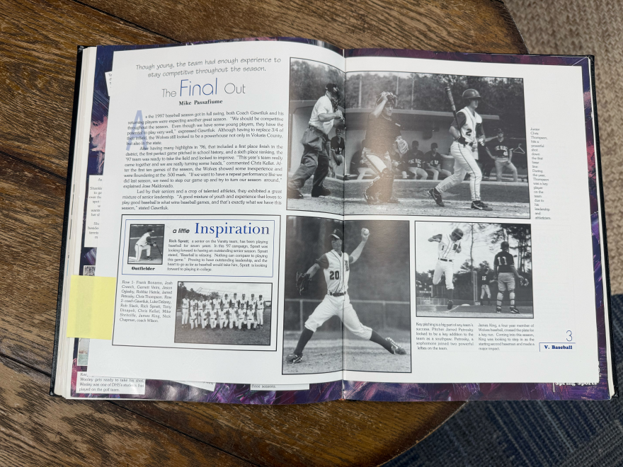 A photo of a yearbook where Luke Delaney is pictured with his baseball team at Deltona High School.