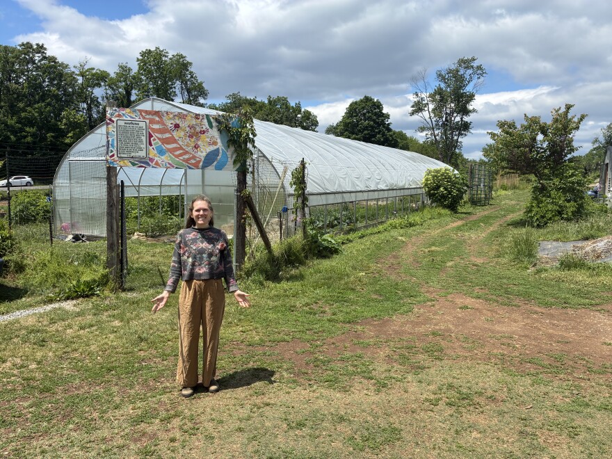 Roanoke Foodshed Network Director Maureen "Mo" McGonagle stands in front of a high tunnel at Lick Run Community Farm in Roanoke.