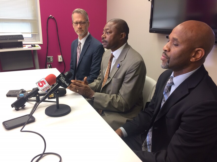 From left, Rockwood Superintendent Eric Knost, St. Louis Schools Superintendent Kelvin Adams and UMSL Professor Jerome Morris discuss the future of the voluntary student transfer program, Nov. 18, 2016