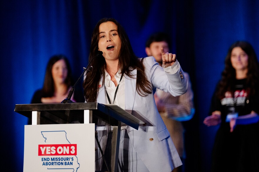 Tori Schafer, Deputy Director for Policy and Campaigns of the ACLU of Missouri, speaks during a Missourians for Constitutional Freedom Amendment 3 watch party on Tuesday at the Marriott St. Louis Grand in downtown St. Louis.