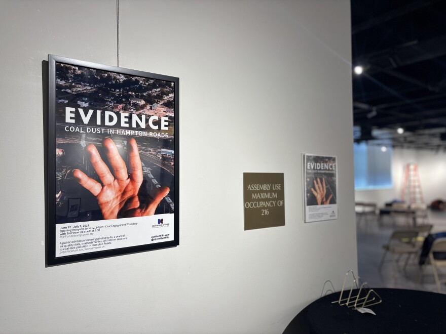 A sign at the entrance to the upcoming "Evidence: Coal Dust in Hampton Roads" exhibit at the Downing-Gross Cultural Arts Center in Newport News on Wednesday, June 11, 2025.