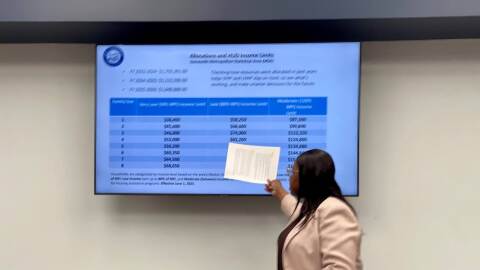 Phimetto Lewis, gerente del Departamento de Vivienda y Desarrollo Comunitario, explica cómo los fondos serán repartidos para el nuevo ciclo de los años fiscales del 2026-2029 en la última sesión de participación comunitaria en Alachua County Sports and Event Center el 20 de febrero de 2026. Foto por: Dulce Rodriguez-Escamilla.