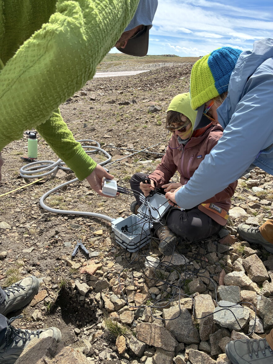 Three researchers crouch among rocks while connecting a tangle of wires to small data-logging equipment.