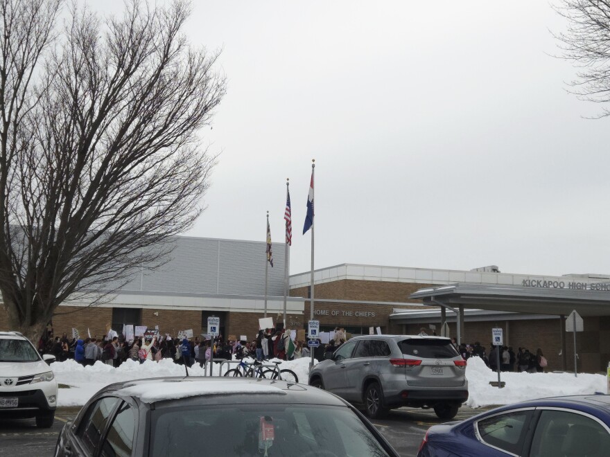 Kickapoo students stage a demonstration following a walkout in protest of ICE activity.