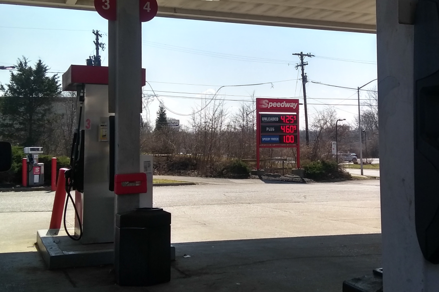 Ripple effects from the war in Ukraine have pushed gas prices in the U.S. to their highest levels since the 2008 recession. Gas prices at a Bloomington gas station on March 10, 2022 are over $4. (Rebecca Thiele/IPB News)