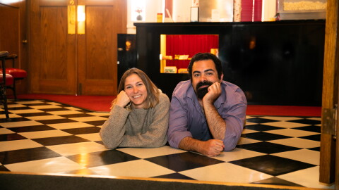 Crystal Theatre Alliance Executive Director Kate Schwerin and General Manager Will Grandbois in the lobby of the theatre.