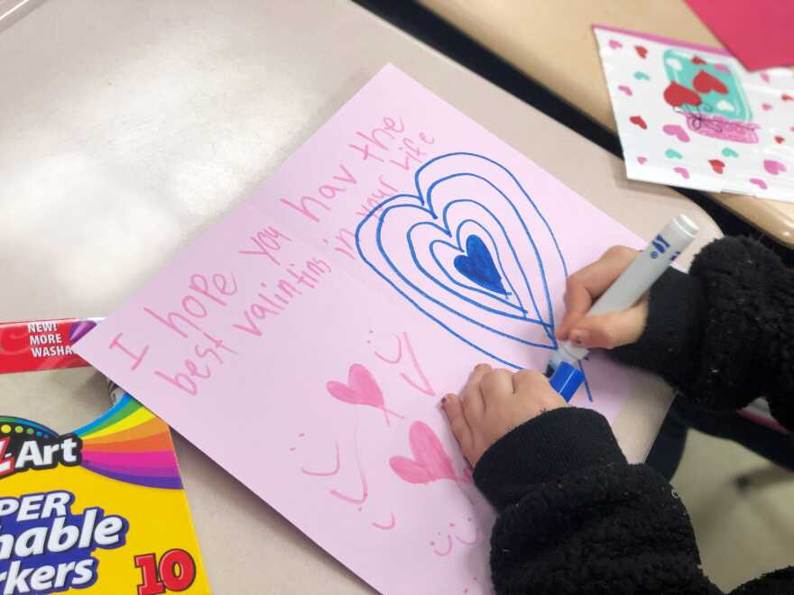 A handmade Valentine's Day card created as part of a New Hopewell Elementary School service project on Feb. 12, 2020.