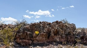 A small bouquet of plastic flowers serves as a memorial where the victims of the Porvenir massacre were murdered in 1918.