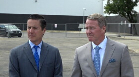 U.S. Sens. Bernie Moreno (left) and Jon Husted at an event in Columbus in August 2025.