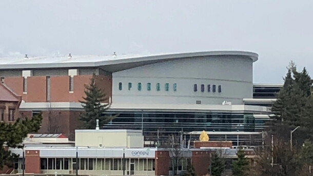 The Numerica Veterans Arena, as seen from across the Spokane River.