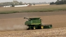 A combine passes through a soybean field as part of harvest in Buena Vista County, Iowa, on September 30, 2024. (Bret Hayworth, Siouxland Public Media News)