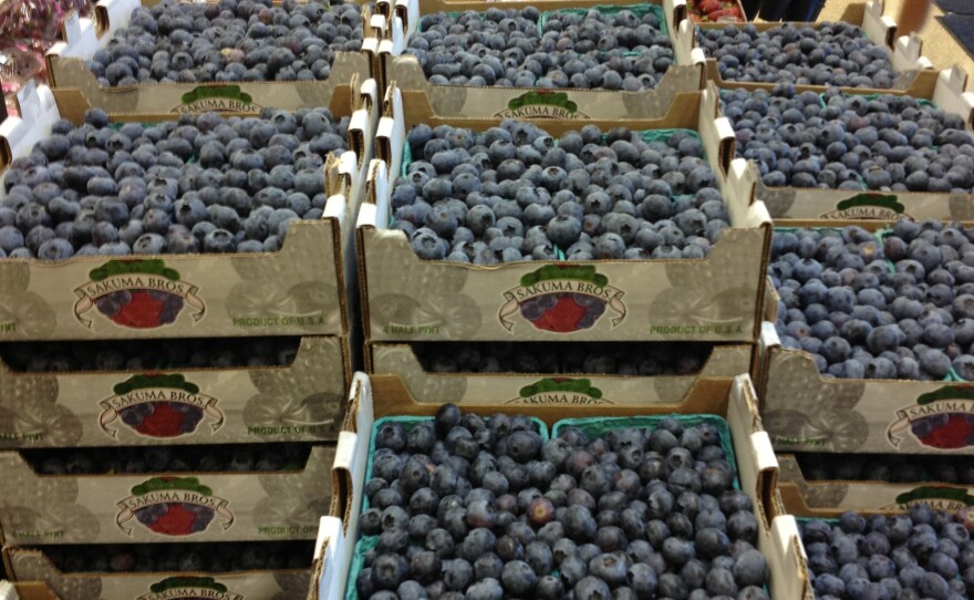 Flats of blueberries from Sakuma Brothers Farms are seen at Ballard Market in Seattle in 2013.