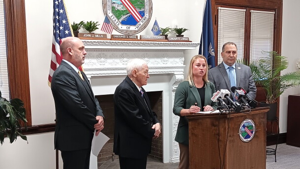 Erie County Legislator Lindsay Lorigo speaks during a news conference Tuesday, October 20, 2026, during which she and other Republicans introduced a renewed proposed resolution to set a sales tax cap on gasoline purchases at two dollars. Jpining Lorigo were, left to right,