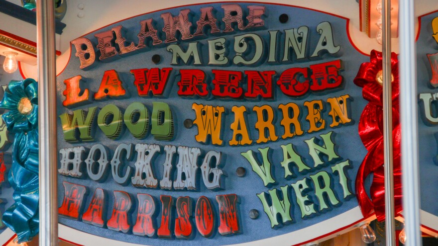 Ohio counties appear on the new carousel at the Ohio State Fairgrounds, July 25, 2026. The names of all 88 of the state's counties are included.