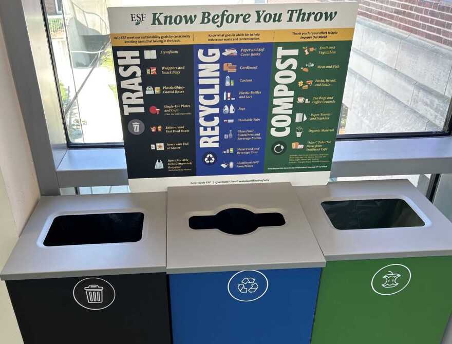 Three recycling bins labeled Trash, Recycling, Compost with a poster of instructions for each