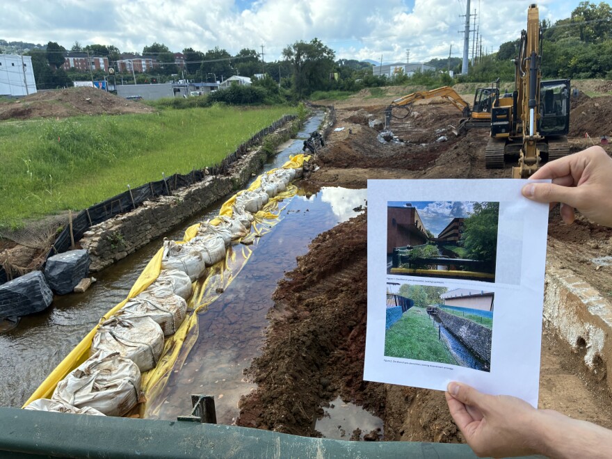 A view of Ore Branch now, with a photo of how it looked when a Ramada Inn stood on the site.